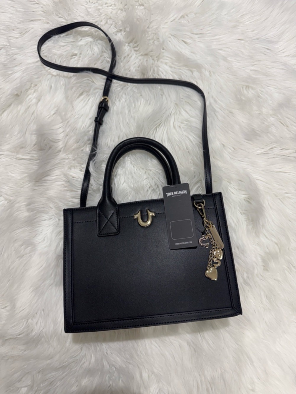 True Religion Black Mini Satchel with Gold Charm Accents